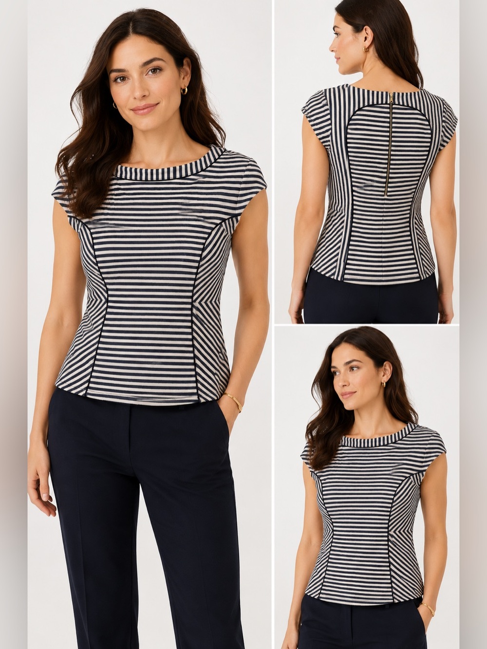 Ann Taylor Structured Striped Top Size Large Navy White Cap Sleeve Career Chic